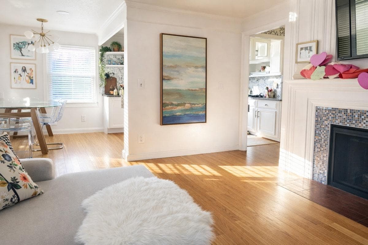 Bright living room with fireplace